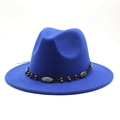 Detail of royal blue wide-brim fedora with vintage beaded band and turquoise accent - Blue