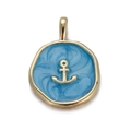 Golden round pendant with blue enamel ocean texture and 3D anchor charm for DIY jewelry - Round Blue Enamel with Gold Anchor (CX148-09)