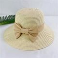 Detail of a beige straw sun hat featuring a striped ribbon bow and woven texture - M (56-58cm) With Wind Rope / Beige