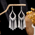 Ethnic style silver peacock tassel earrings with hollow leaf design and water drop pendant - Silver Teardrop Hollow Tassel(E5774-20)