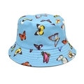 Detail of vibrant butterfly prints and decorative stitching on blue cotton bucket hat - M (56-58cm) / Sky Blue