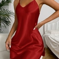 Women's deep red satin slip dress with deep V-neck and delicate side slit detail - S / Red
