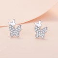 Sparkling butterfly stud earrings with white zircon accents in elegant silver finish - White Gold Color