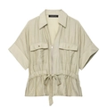 Damen Utility-Hemdjacke in Hellolive mit Kordelzug an der Taille und Reißverschluss - XS / Milchweiß Kurzarm
