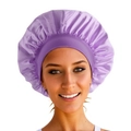 Purple faux silk satin sleep cap with wide elastic band for hair protection - Violet