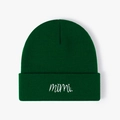 Unisex dark green knitted beanie with white mimi embroidery for winter warmth - Dark Green