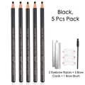 Set di 5 matite per sopracciglia nere con kit professionale di strumenti per lo styling - No.3 Nero (Set da 5) + 2 Lame + Stencil + Spazzola
