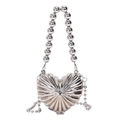 Silver heart shaped metal evening bag with bead handle and chain strap for women - Silver 3D Heart With Bead String Handle