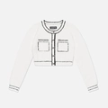 Dettaglio della giacca in tweed bianco con bordi a frange nere e trama a maglia - S / Bianco neve