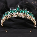 Luxurious bridal crown with emerald gemstones and sparkling crystals on golden metal base - Gold White & Green Rhinestone