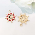 Ciondolo a timone nautico in smalto rosso e bianco per creazione gioielli fai-da-te - Timone di Nave Rotondo 23x26mm