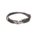 Close-up of a dark grey woven rope bracelet with a silver shark-shaped metal clasp - Shark / Dark Coffee