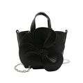 Elegant black leather handbag with large 3D floral design and silver chain strap - Black