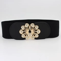Cinturón elástico ancho negro para mujer con hebilla floral dorada y pedrería - 75cm / Estilo Floral Hueco