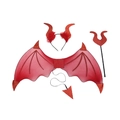 Red four-piece devil costume set with wings, horn headband, wand and tail for Halloween - Universal for Kids and Adults / Red Base Red (Headband, Wings, Tail, Fork)