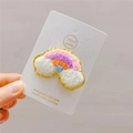 Detail of plush rainbow hair clip with colorful embroidery and gold glitter edge - Colorful Pink Blue Rainbow Hair Clip (Single)