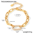 Detalle de pulsera de acero inoxidable dorado con circón y especificaciones de medida - Pulsera de Zirconia Dorada (TXE202)