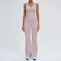 Lavender yoga set with deep V-neck sports bra and high-waist flared pants - L / Light Gray Purple (V-Neck)