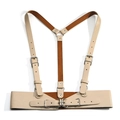 Beiger und brauner Leder-Korsettgürtel mit Punk-Trägern und Metallschnallen auf Weiß - Khaki S