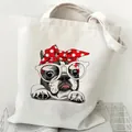 White canvas tote bag featuring a cute French Bulldog wearing red polka dot headband - Polka Dot Headband Bulldog (P)