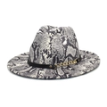 Close-up of snake skin pattern wool fedora with black leather band and gold metal chain - M (56-58cm) / White