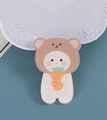 Cute white bunny in brown bear hoodie acrylic badge pin for bags and accessories - Bear Holding Carrot