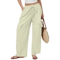 Women's casual light khaki cotton linen cargo pants with drawstring and wide leg fit - S / Apricot