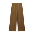 Detailed view of coffee brown wide-leg trousers with elastic pleated waist and soft drape - Dark Brown Pants