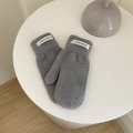 Grey plush faux mink mittens for women with handmade label on minimalist background - Gray