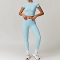 Light blue two-piece yoga set with short sleeve crop top and high waist leggings - S / Top And Bottom / Short Sleeve + Leggings / Sky Blue
