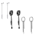 Set of three pairs of black and silver stainless steel earrings with feather and chain charms - Set 16 (Black Silver - Feather Stud/Hoop/Long Tassel)