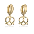 Minimalist gold pretzel hoop earrings with multi-color zircon stones on white background - Colorful Zirconia Pretzel Hoop Earrings / Gold