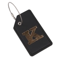 Custom black leather luggage tag featuring a gold metal letter K with steel wire loop - Letter K