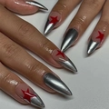 Metallic silver stiletto press-on nails with red star pattern for modern rock style - Silver Metallic Red Star Style (JP2049)