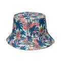 Detail of tropical bucket hat featuring pink flamingo and palm leaf print pattern - Light Blue Yellow Green Gradient Flamingo (A)
