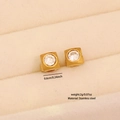 Golden square stainless steel stud earrings with round cubic zirconia in a jewelry box - Square Style