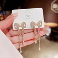 Silver bow earrings with sparkling crystal tassels and S925 sterling silver studs - Gold Full Zircon Bowknot Pearl Tassel (E0028)