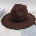 British style brown wool felt jazz hat with black leather belt and metal buckle decor - Flat Brim With Regular Leather Belt / Coffee