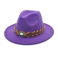 Detail of purple fedora hat with woven leather band and turquoise stone ornament - M (56-58cm) / Purple