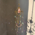 Golden geometric crystal suncatcher with pink raw stone and rainbow teardrop pendant - Gold Alloy + Rose Quartz / Standard Size