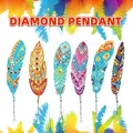 Set of six DIY diamond painting feather pendants with colorful beads and crystals - DZ-33 Bohemian Feathers