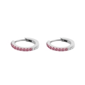 Polished silver stainless steel hoop earrings with tiny pave-set pink cubic zirconia - July Rose Red - Steel