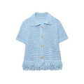 Cardigan in maglia azzurro a maniche corte con nappe e trama traforata su fondo bianco - S / Top Blu
