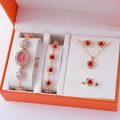 5-teiliges Roségold Uhren- und Schmuckset mit roten Herz-Steinen in einer Box - Roségold Rotes Herz Set (Ohne Box)