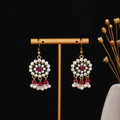 Detail of bohemian gold earrings with pink rhinestones, pearls and floral accents - Rose Red Center Stone Artificial Pearl Tassel Style (E2319-5/Dark Red)