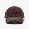 Vintage dark coffee cotton baseball cap with burgundy W patch and distressed details - Dark Coffee (24A226)