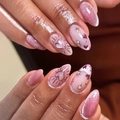 Unghie a mandorla occhi di gatto rosa con cuori dipinti a mano e strass scintillanti - Stile Cuore Occhio di Gatto Rosa (JP3848)