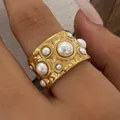 Golden wide band ring with hand-hammered texture and white pearls for women - Wide Hammered Pearl Style (KB751) / Gold