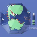 Blue automatic folding umbrella with green dinosaur print and matching sleeve for kids - 306 Automatic - Green Dinosaur [Reflective Strip]