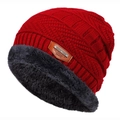 Red winter knit beanie with warm fleece lining and leather label for outdoor warmth - One Size / Red